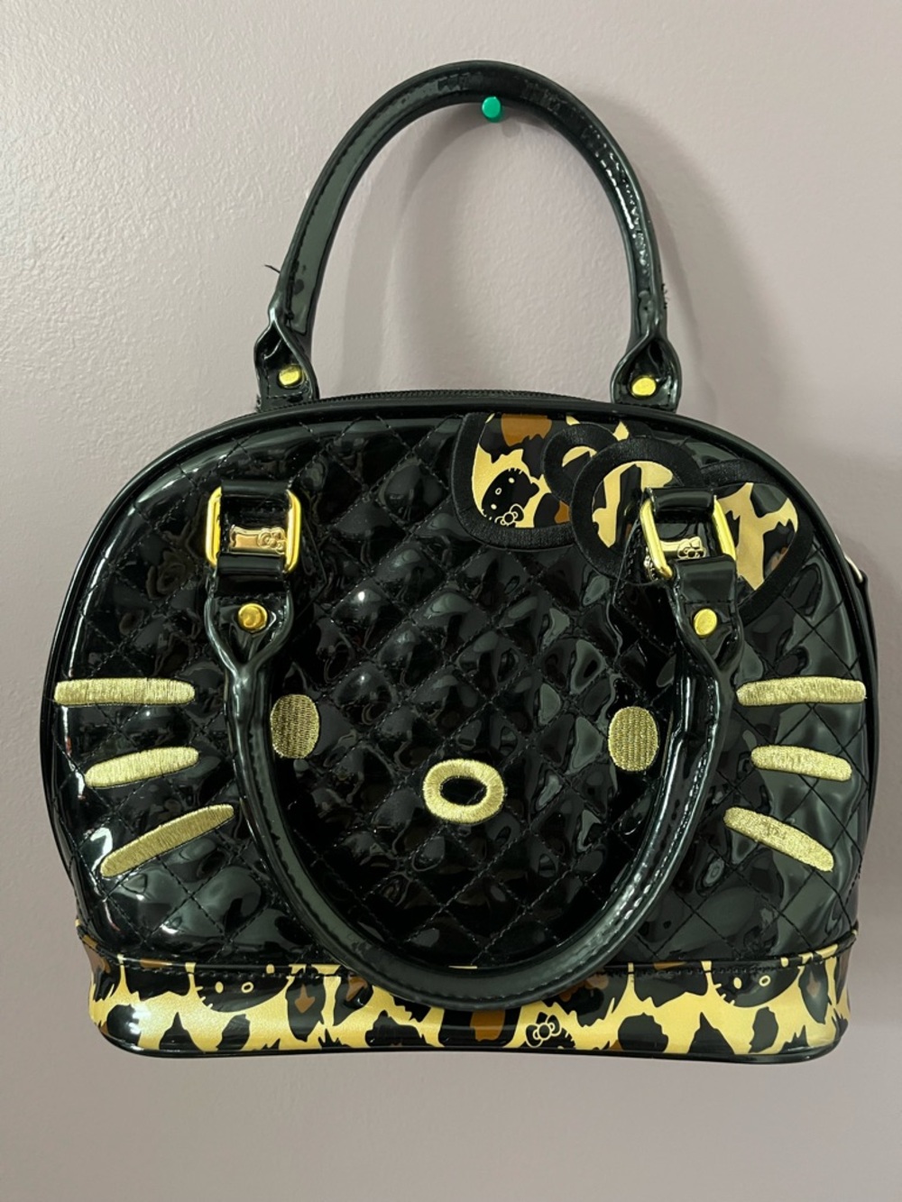 Loungefly Black Patent Quilted Cat Satchel with Gold Accents